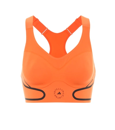 Adidas By Stella Mccartney Truepace Reflective-trimmed Logo-print Stretch Sports Bra In Orange