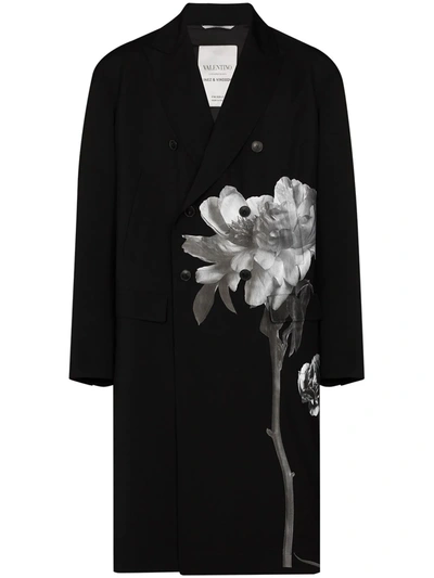 Valentino Flowersity Double-breasted Wool-blend Twill Coat In Black