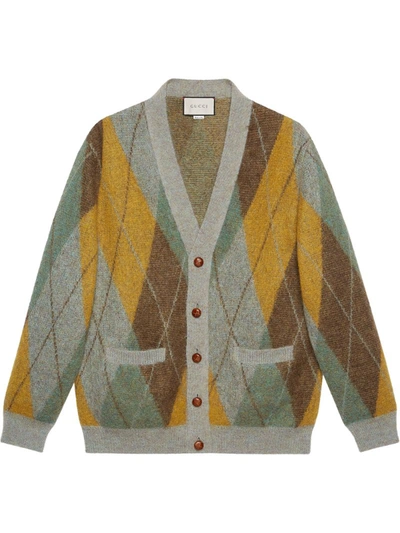 Gucci Multicolor Mohair & Wool Argyle Cardigan In Grey