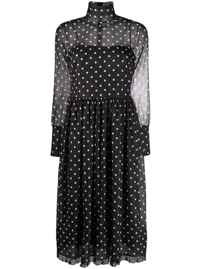 Red Valentino Gathered Metallic Polka-dot Crepon Midi Dress In Black