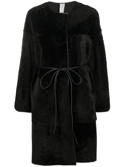 Furling By Giani Front Tie Shearling Coat In Black
