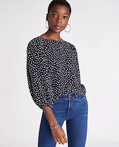 Ann Taylor Spotted Shirred Sleeve Boatneck Top In Night Sky