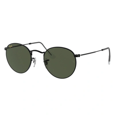 Ray Ban Round Metal Legend Gold Sunglasses Shiny Black Frame Green Lenses 53-21