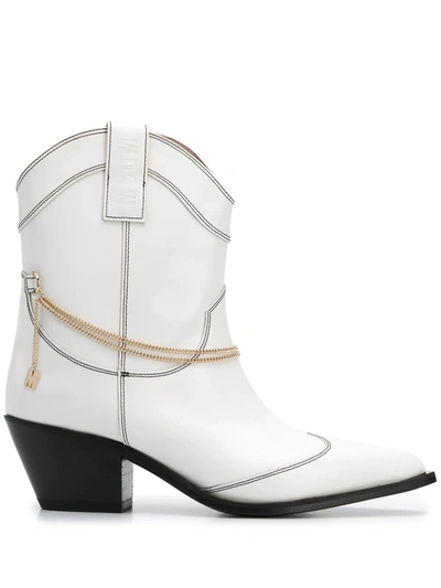 Msgm Western Chain-detail Ankle Boots In White