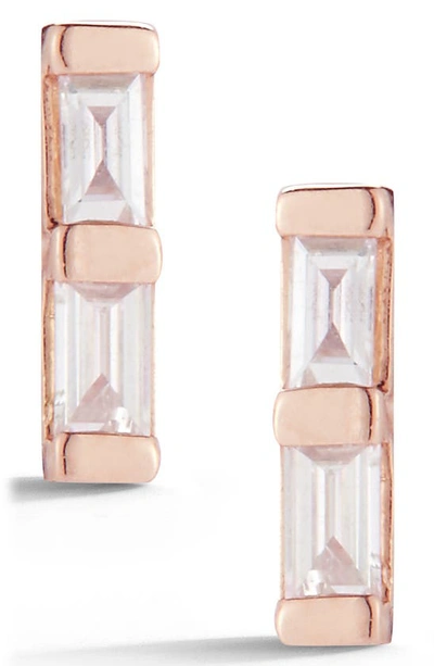 Dana Rebecca Designs Sadie Pearl Double Baguette Diamond Stud Earrings In Rose Gold