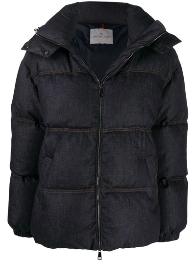 Moncler Belted Denim Puffer Coat In Blue