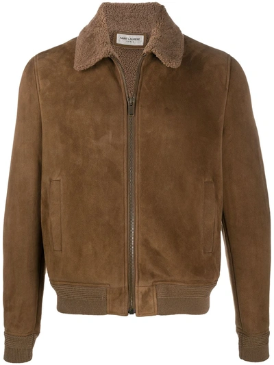 Saint Laurent Spread-collar Zip-front Jacket In Brown