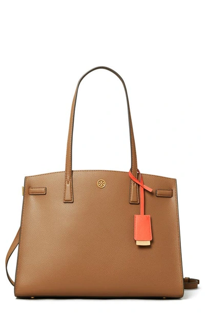 Tory Burch Walker Pebbled Triple-compartment Satchel Bag In Moose/gold
