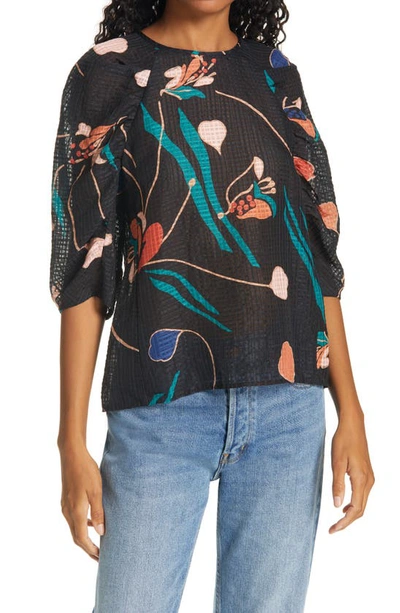 Rebecca Taylor Women's Botanical Bloom Puff-sleeve Blouse In Black Combo