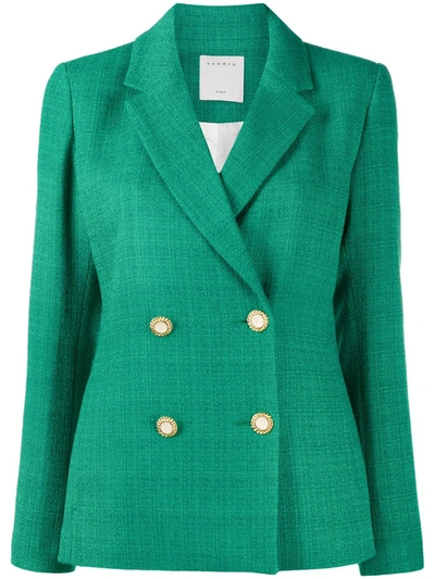 Sandro Fitted Double-breasted Blazer In Green