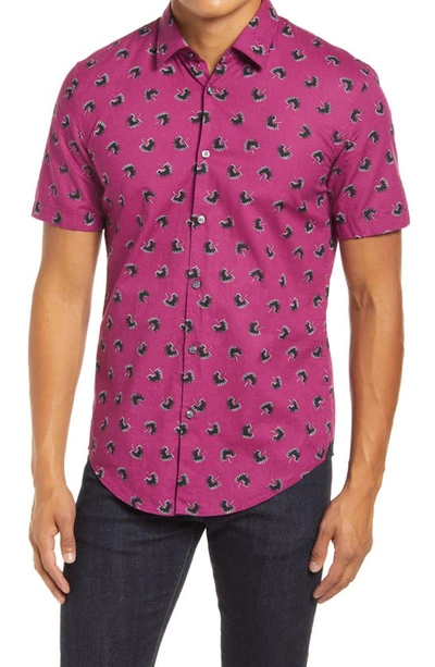 Hugo Boss Ronn Slim Fit Leaf Print Short Sleeve Button-up Shirt In Medium Purple