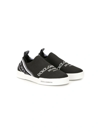 Dolce & Gabbana Teen Logo Print Slip-on Sneakers In Black