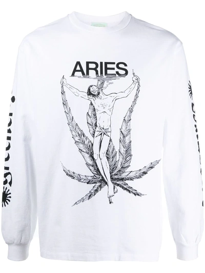 Aries Logo Print Long Sleeve T-shirt In White