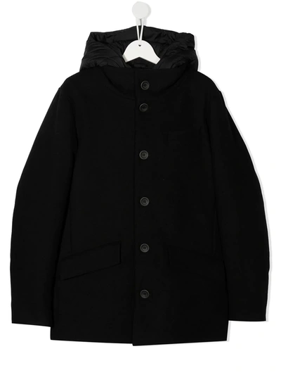 Herno Teen Button-up Hooded Coat In Black