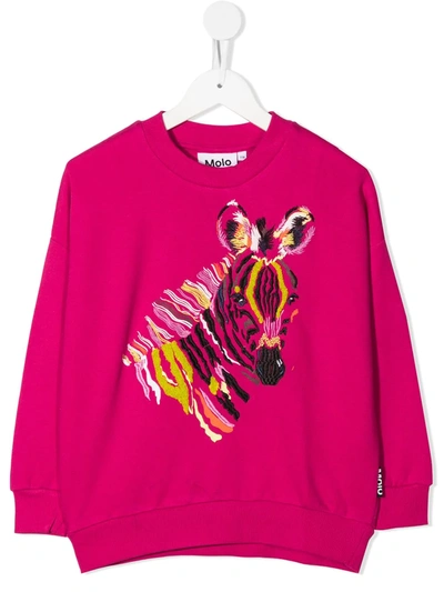 Molo Kids' Zebra Embroidered Crew Neck Sweatshirt In Pink