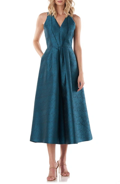 Kay Unger Textured Jacquard V-neck Cocktail Dress In Turkish Blue