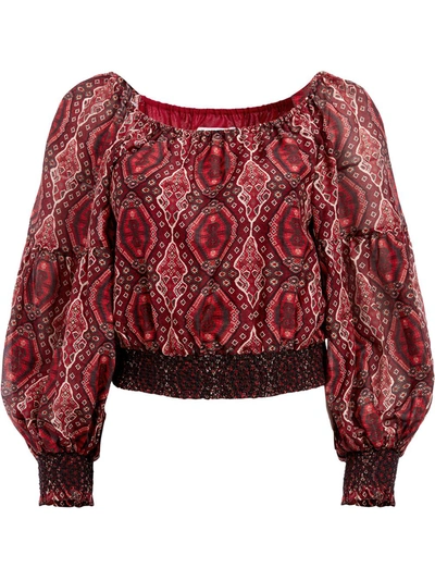 Alice And Olivia Azalea Off-the-shoulder Printed Cotton And Silk-blend Voile Top In Diamond Magic Bordeaux
