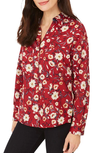 Foxcroft Lauren Windswept Floral Print Button-up Shirt In Mum Red