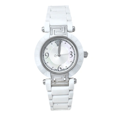 Pre-owned Versace White Mother Of Pearl White Ceramic Stainless Steel Rubber Reve 92q Women's Wristwatch 35 Mm
