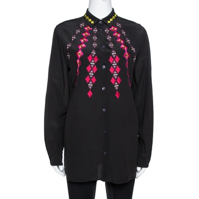 Pre-owned Etro Black Silk Crepe De Chine Embroidered Long Sleeve Shirt M