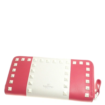 Pre-owned Valentino Garavani Red/white Leather Rockstud Wallet In Pink