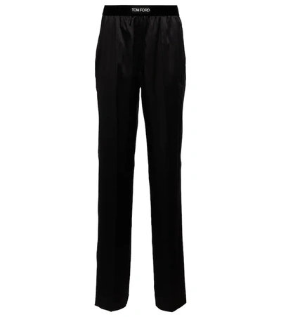 Tom Ford Velvet-trimmed Stretch-silk Satin Pants In Black