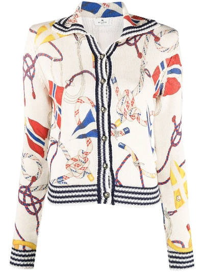 Etro Silk And Linen Cardigan With Maritime Print In White