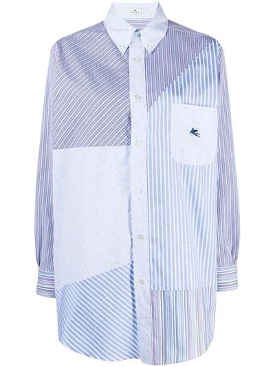 Etro Ge01 Patchwork Oversize Poplin Button-down Shirt In White,light Blue,blue,red