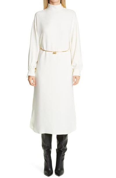 St John Long Sleeve Heavy Silk Georgette Dress In Alabaster