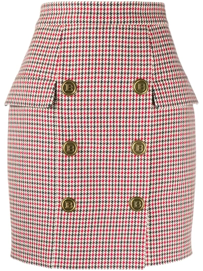 Balmain Buttoned High-rise Houndstooth Wool Mini Skirt In Red