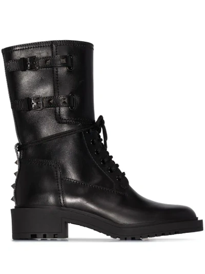Valentino Garavani Rockstud Double-buckle Leather Ankle Boots In Black