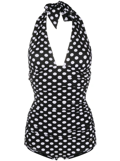 Dolce & Gabbana Polka-dot Print One-piece Swimsuit With Plunging Neckline In Black