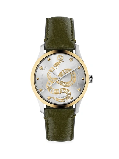 Gucci Unisex G-timeless King Snake Leather Strap Stainless Steel Watch In Green
