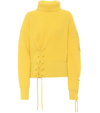 Moncler Genius + 1 Jw Anderson Lace-up Ribbed Wool And Cashmere-blend Turtleneck Jumper In Yellow