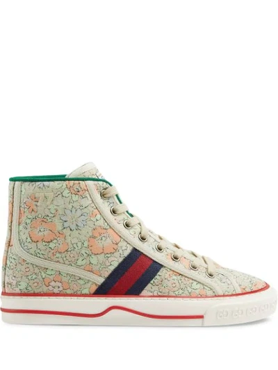 Gucci X Liberty London Tennis 1977 High-top Sneakers In Mint Green And Peach Canvas