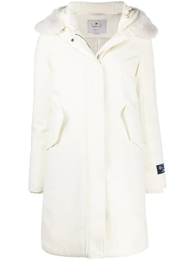 Woolrich Hooded Wool Parka Coat In White