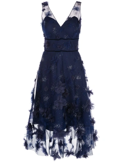 Marchesa Notte Asymmetric Floral-appliquéd Glittered Tulle Dress In Blue