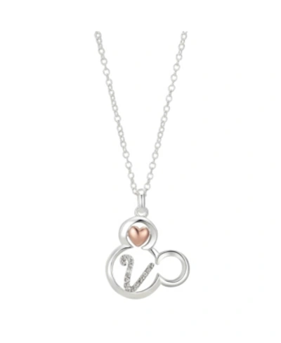 Disney Two-tone Mickey Mouse Initial Pendant Necklace In Fine Silver Plate In Two Tone Letter V