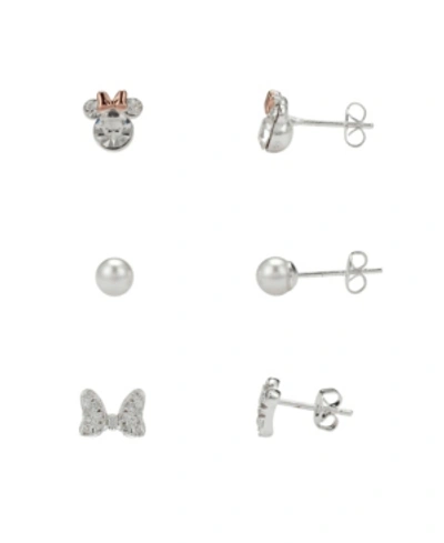 Disney Two-tone Cubic Zirconia Minnie Mouse Earring Set With Imitation Pearl And Bow, Three Pair, In Silver In Rose Gold Two Tone