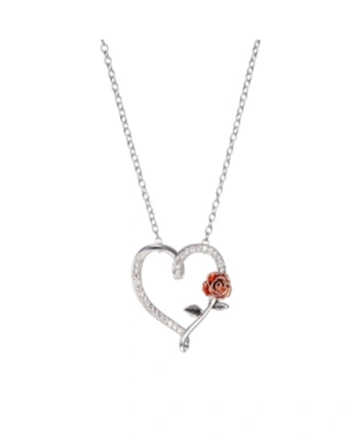 Disney Two-tone Beauty And The Beast Cubic Zirconia Heart And Rose Pendant Necklace In Fine Silver Plate In Rose Gold Two Tone