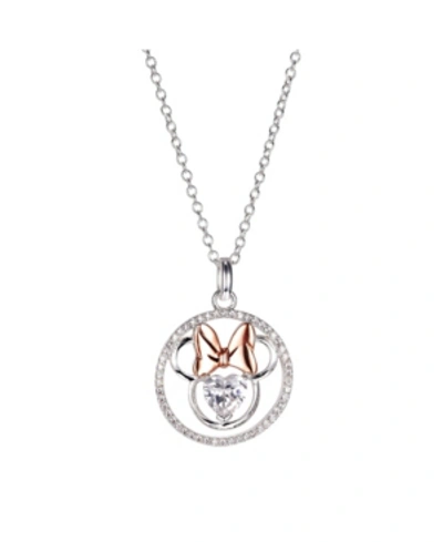 Disney Two-tone Minnie Mouse Cubic Zirconia Heart Pendant Necklace In Fine Silver Plate In Rose Gold Two Tone