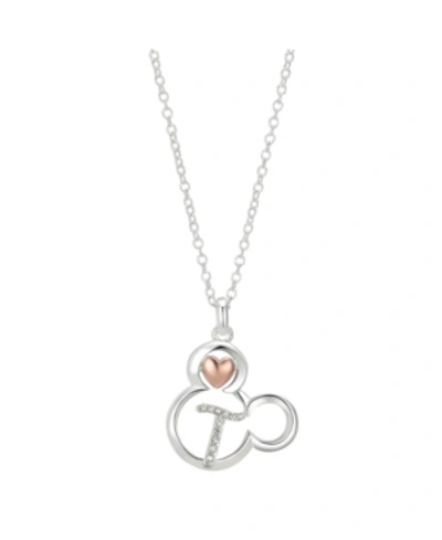 Disney Two-tone Mickey Mouse Initial Pendant Necklace In Fine Silver Plate In Two Tone Letter T
