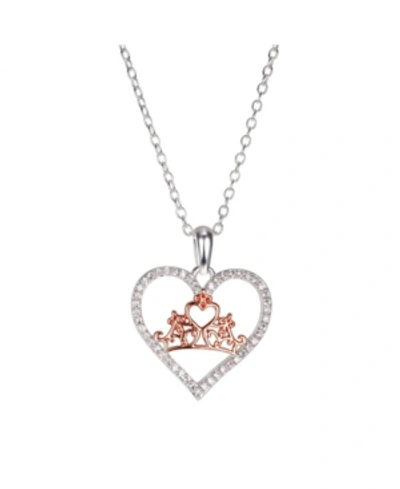 Disney Two-tone Princess Cubic Zirconia Crown Heart Pendant Necklace In Fine Silver Plate In Rose Gold Two Tone
