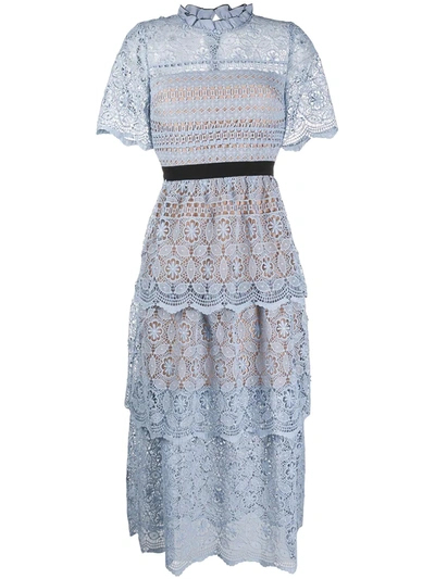 Self-portrait Steel Lace Tiered Dress In Blue