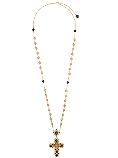 Dolce & Gabbana Beaded Crystal-embellished Cross-pendant Necklace In Gold