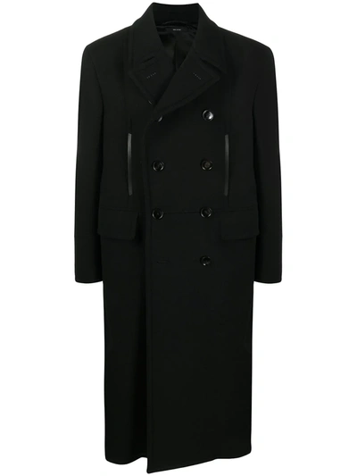 Tom Ford Double-breasted Leather-trimmed Wool And Cashmere-blend Coat In Black