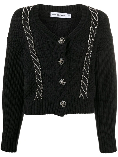Self-portrait Cable-knit Crystal-embellished Cardigan In Black