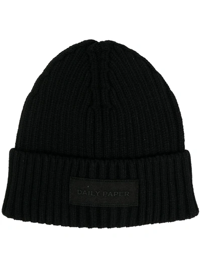 Daily Paper Ribbed-knit Logo Patch Beanie In Black