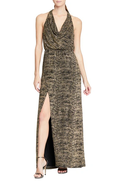 Halston Heritage Cowl Neck Metallic Knit Dress In Black/ Gold Metallic