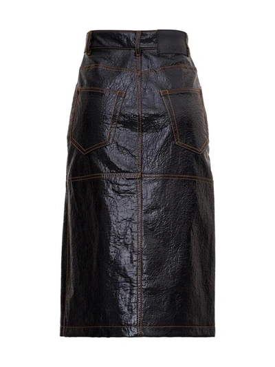 Msgm Midi Skirt In Leatherette With Contrast Stitching In Black